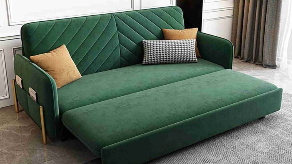 Image of a stylish sofa cum bed in a modern living room: "Sofa cum bed in a modern living room."