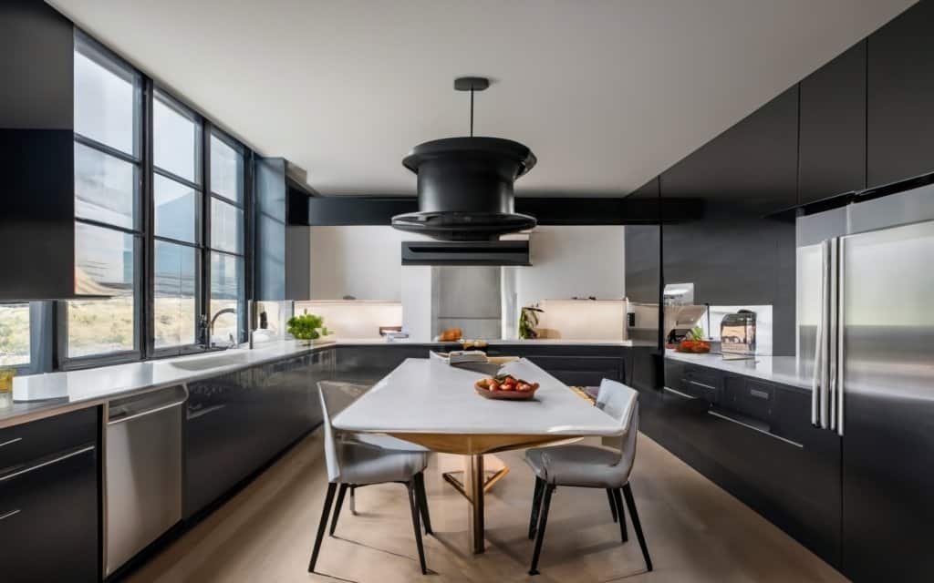 High-gloss laminate kitchen cabinets in a black finish paired with stainless steel appliances and white countertops.