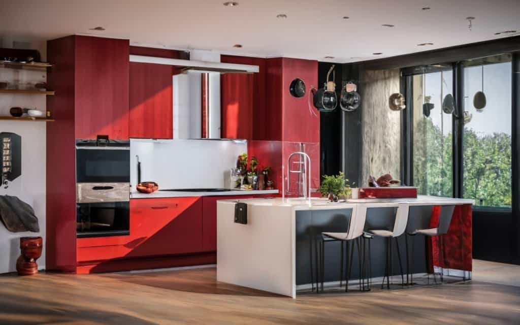  High-gloss laminate kitchen cabinets in a red finish paired with white countertops and a black backsplash.