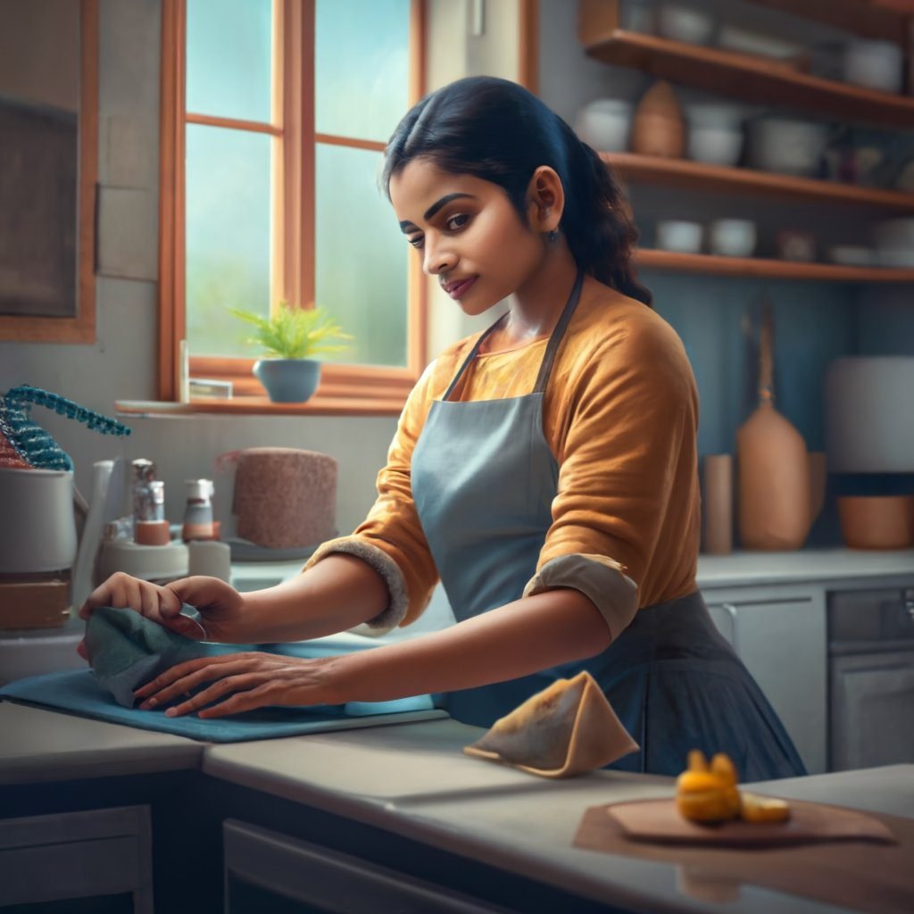 indian girl clean kitchen laminates