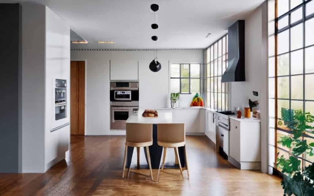 High-gloss laminate kitchen cabinets in a white finish