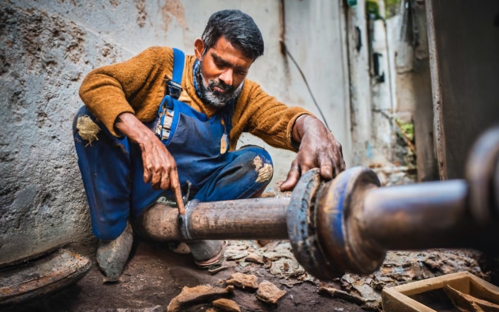 एक प्लंबर एक टूटे हुए पाइप की मरम्मत कर रहा है।