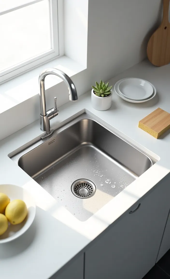 Modern stainless steel sink with a sleek faucet, placed on a white countertop, illuminated by natural sunlight from a nearby window.