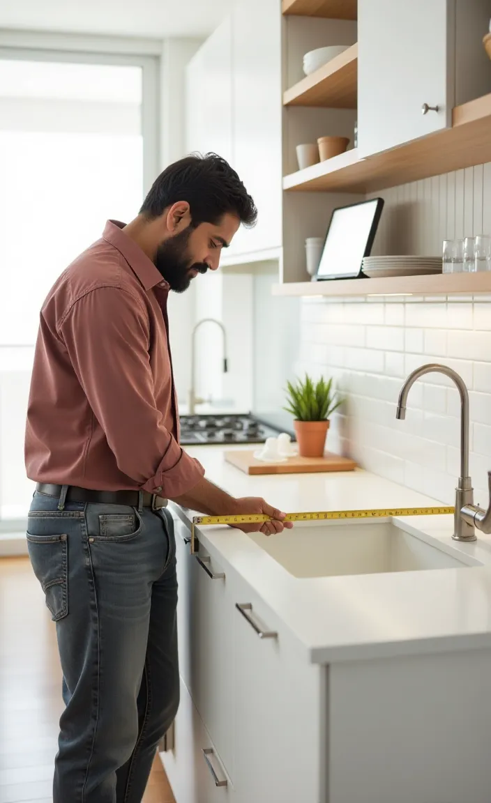 Man measuring a kitchen sink area with a tape measure in a modern kitchen.