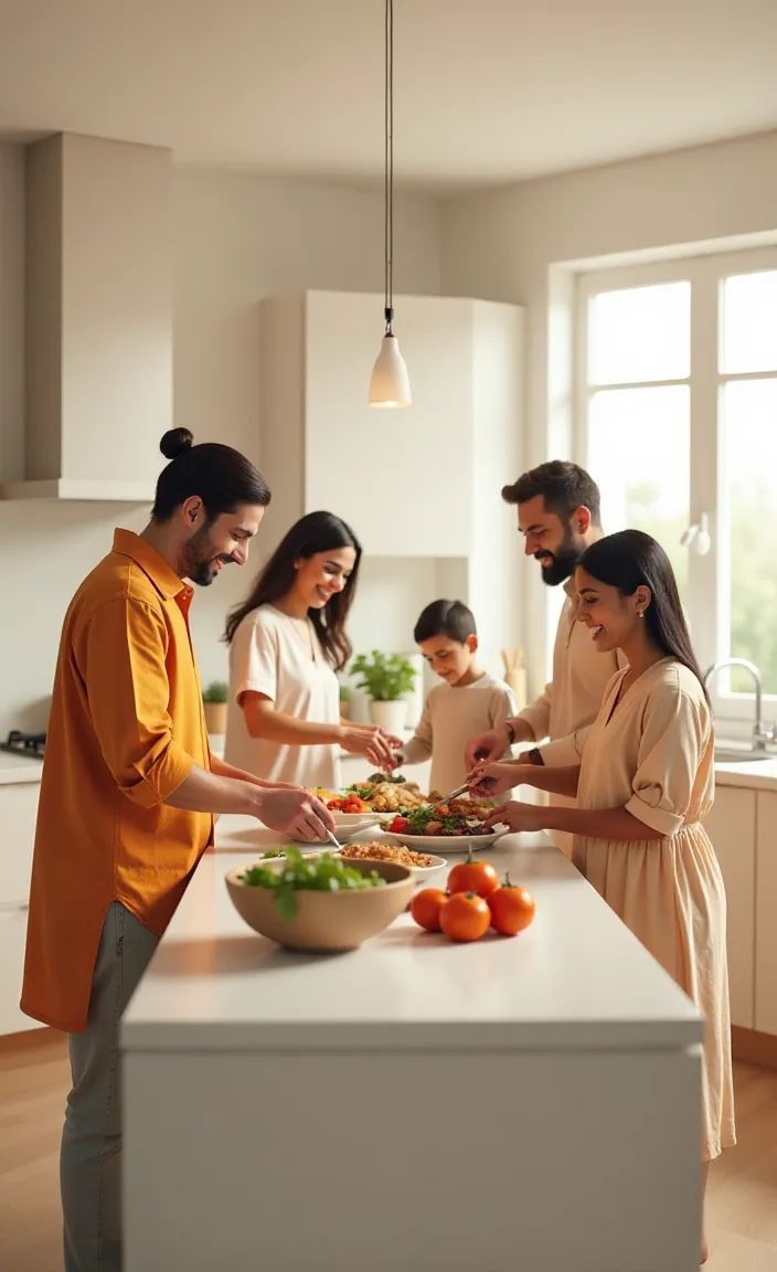 A happy family preparing and enjoying a meal together in a bright and modern kitchen.