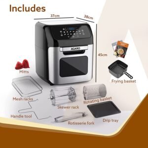 AGARO Regency Air Fryer, 12L, Family Rotisserie Oven, 1800W Electric Air Fryer Toaster Oven, Tilt Led Digital Touchscreen, 9 Presets Menu For Baking, Roasting, Toasting Etc, With Accessories, Silver