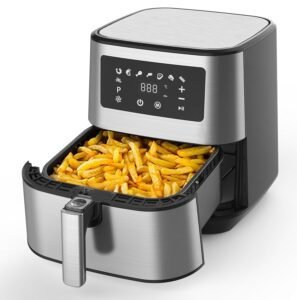 AMERICAN MICRONIC -Air Fryer for home-Digital- 6.5 Litre with removable Basket that helps 360 degree air circulation for real air frying, TurboTunnel Fresh Airfryer Technology 8 Preset Menus, 1700W Power, 200C Temperature and a 60 Minute Timer for Frying, Grilling, Roasting and Baking AMI-AFD-65LDx-Digital- Free recipe book-Black & Steel