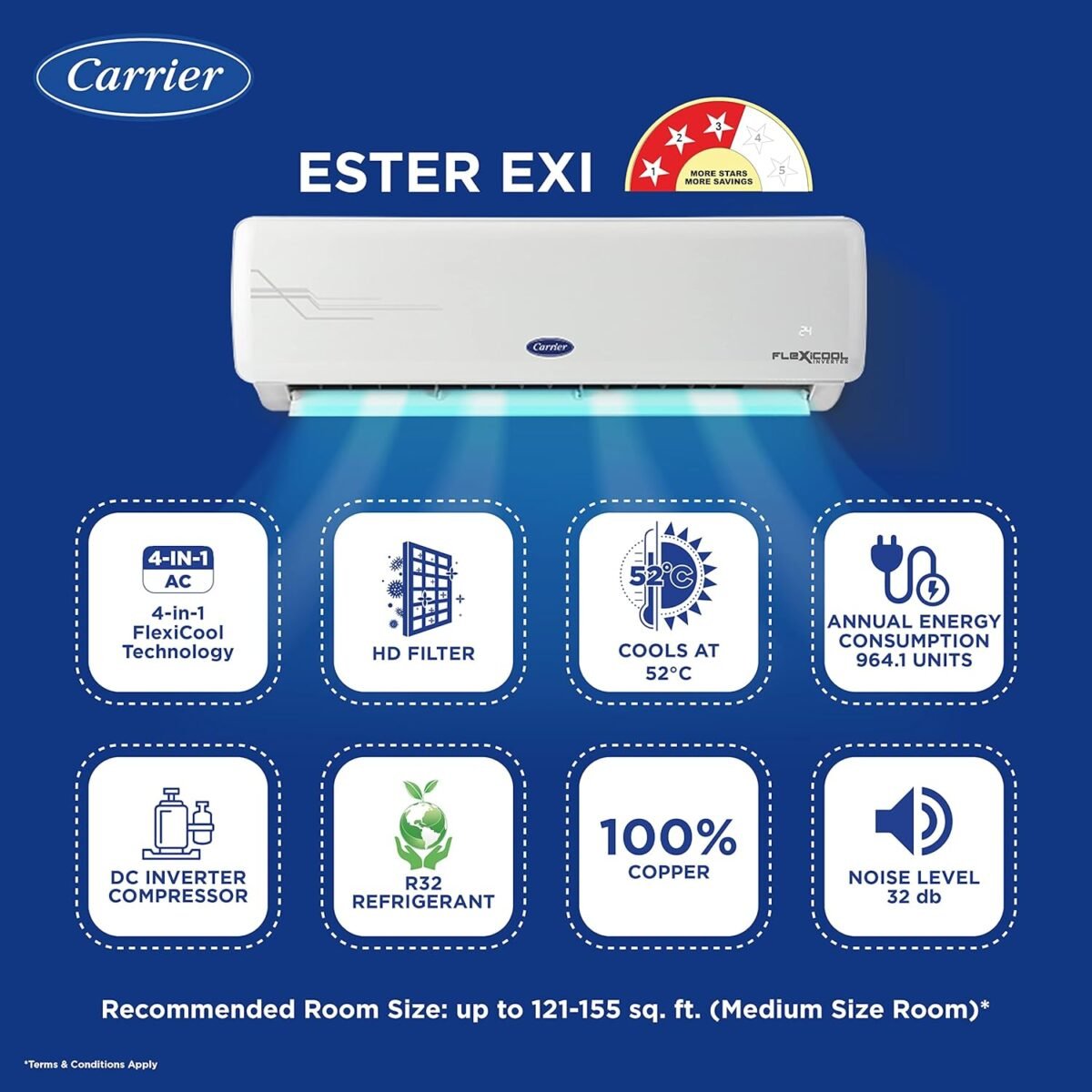 Carrier 1.5 Ton 3 Star AI Flexicool Inverter Split AC (Copper, Convertible 4-in-1 Cooling,High Density Filter, Auto Cleanser, 2023 Model,ESTER Exi - CAI18ER3R32F0,White)