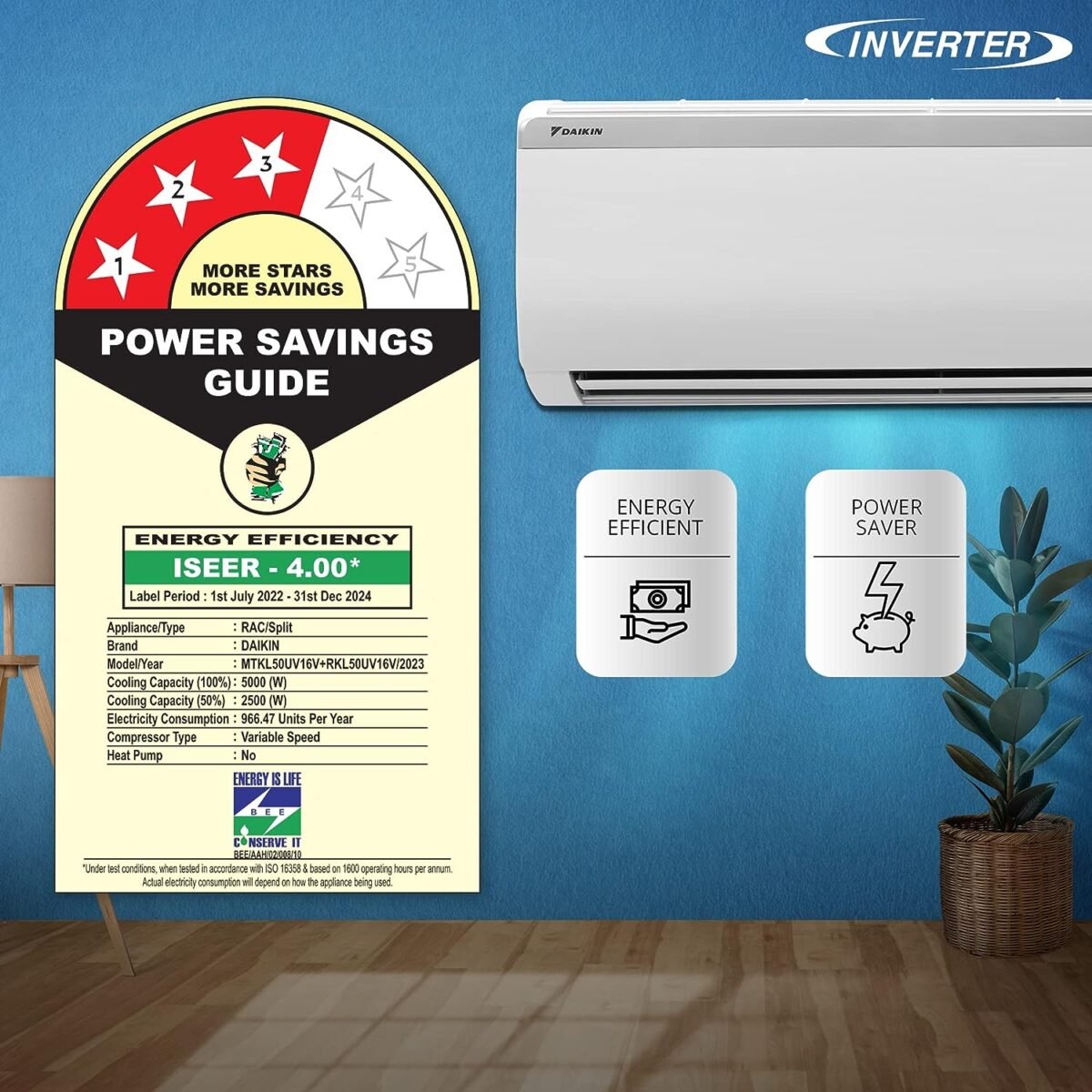 Daikin 1.5 Ton 3 Star Inverter Split AC (Copper, PM 2.5 Filter, Triple Display, Dew Clean Technology, Coanda Airflow, 2023 Model, MTKL50U, White)