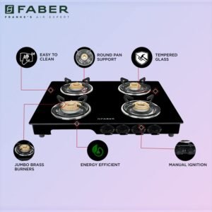 Faber Glass Top 4 Burner Gas stove with Jumbo Burner, Powder Coated Pan Support (HOB COOKTOP MAGIC 4BB BK) Manual Ignition, Black