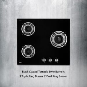 KAFF-Built-in-Hobs-3-Burners-with-Auto-Electric-Ignition-60-CM-Black-Coated-Tornado-Style-Burners-8MM-Thick-Toughened-Glass-CRH-603-Black