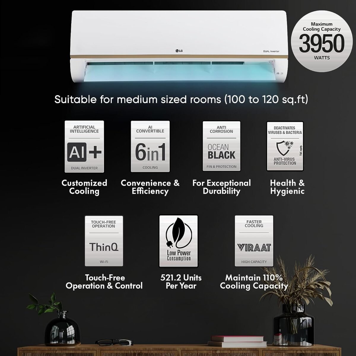 LG 1 Ton 4 Star AI DUAL Inverter Split AC (Copper, AI Convertible 6-in-1 Cooling, HD Filter with Anti Virus Protection, 2023 Model, RS-Q13JNYE, White)