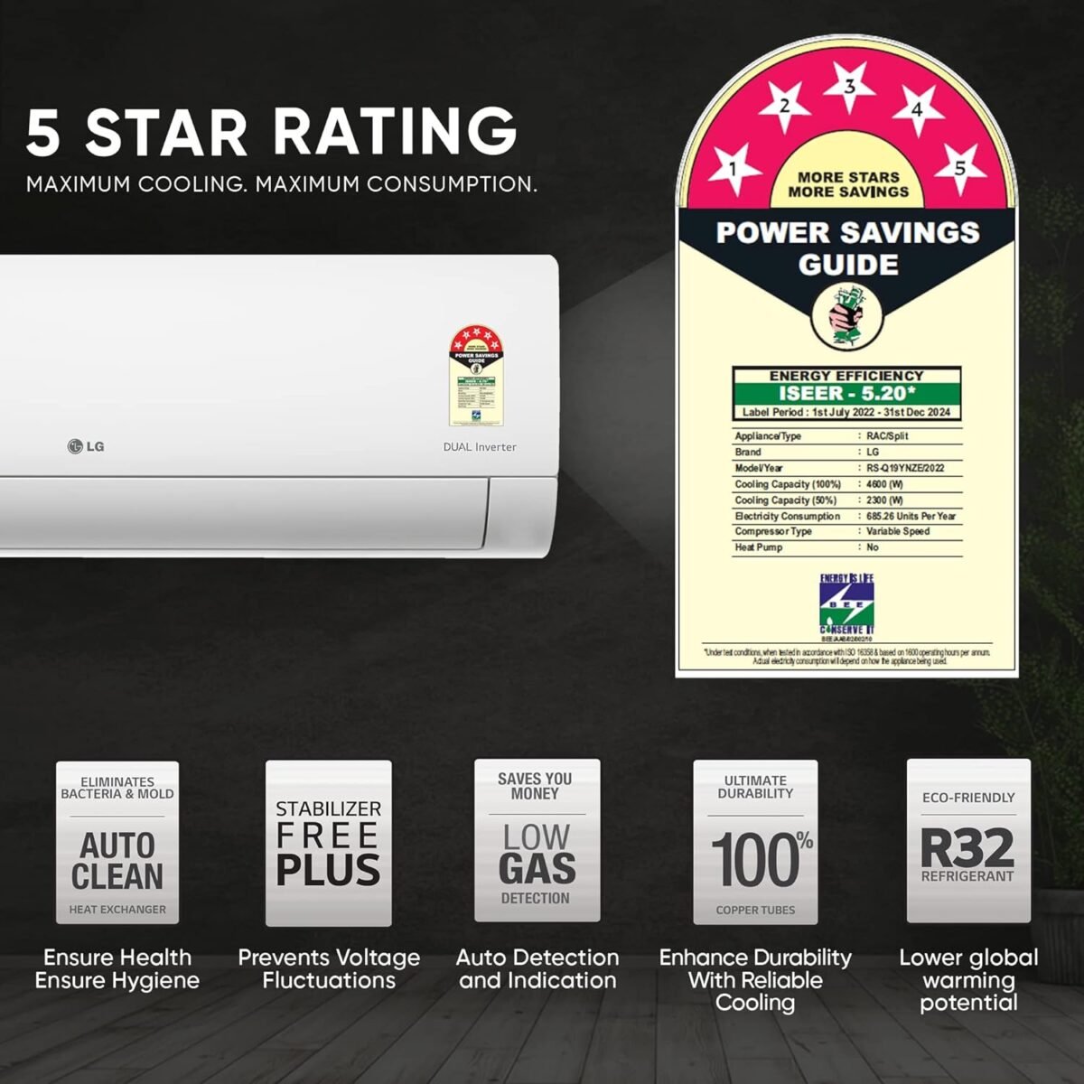 LG 1.5 Ton 5 Star AI DUAL Inverter Split AC (Copper, Super Convertible 6-in-1 Cooling, HD Filter with Anti-Virus Protection, 2023 Model, RS-Q19YNZE, White)