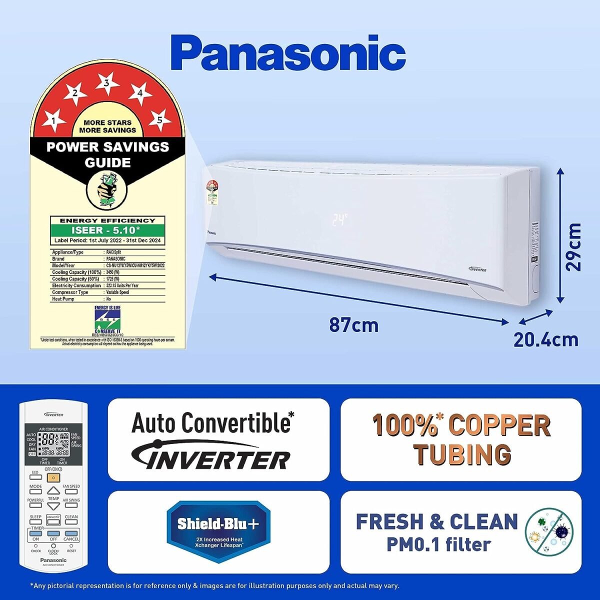 Panasonic 1 Ton 5 Star Wi-Fi Inverter Smart Split AC (Copper Condenser, 7 in 1 Convertible with AI, 4 Way Swing, PM Filter, CS/CU-NU12YKY5W,2023 Model, White)