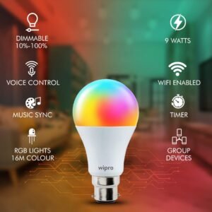 Wipro 9W B22D WiFi LED Smart Bulb with Music Sync Function, Compatible with Amazon Alexa and Google Assistant (16M Colours, Warm White/Neutral White/White + Dimmable) Pack of 1