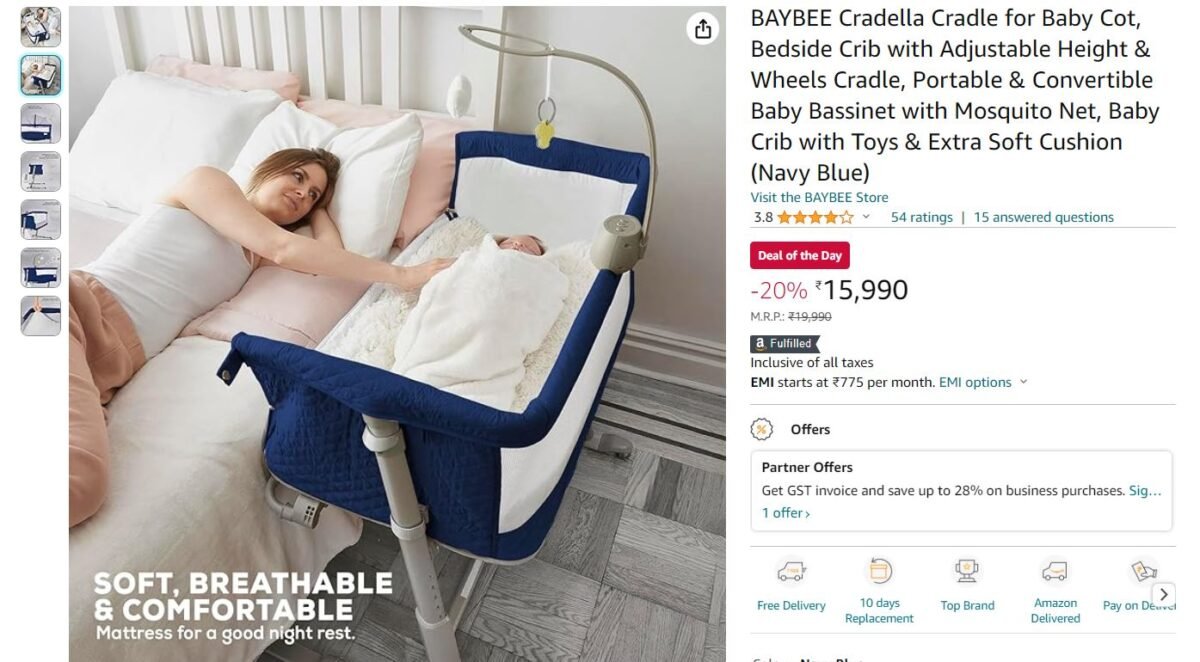 BAYBEE Cradella Cradle for Baby Cot, Bedside Crib with Adjustable Height & Wheels Cradle, Portable & Convertible Baby Bassinet with Mosquito Net, Baby Crib with Toys & Extra Soft Cushion (Navy Blue)