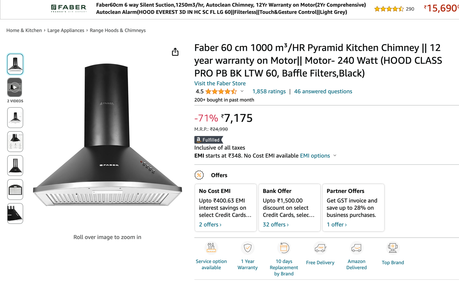Faber 60 cm 1000 m³/HR Pyramid Kitchen Chimney || 12 year warranty on Motor|| Motor- 240 Watt (HOOD CLASS PRO PB BK LTW 60, Baffle Filters,Black)