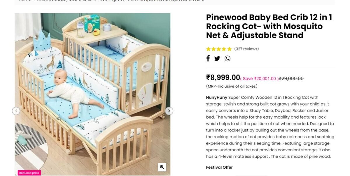 Pinewood Baby Bed Crib 12 in 1 Rocking Cot- with Mosquito Net & Adjustable Stand
