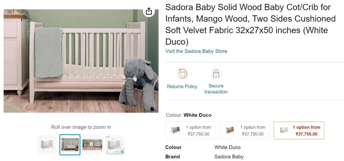 Sadora Baby Solid Wood Baby Cot/Crib for Infants, Mango Wood, Two Sides Cushioned Soft Velvet Fabric 32x27x50 inches (White Duco)