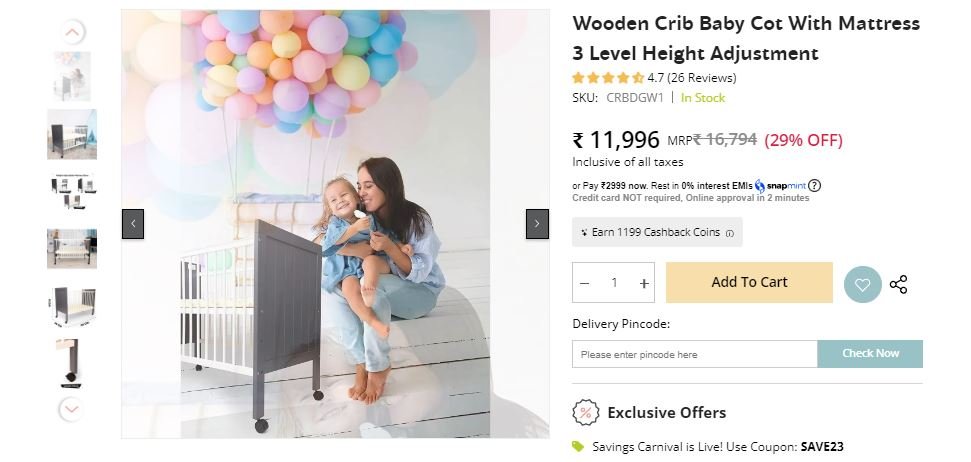 R for Rabbit Baby's Den Wooden Baby Cot, Crib, Sofa Bed for Kids with Mattress for Babies Sleeping 3 Level Height Adjustment, Age 0 to 3 Years Boys and Girls (White)