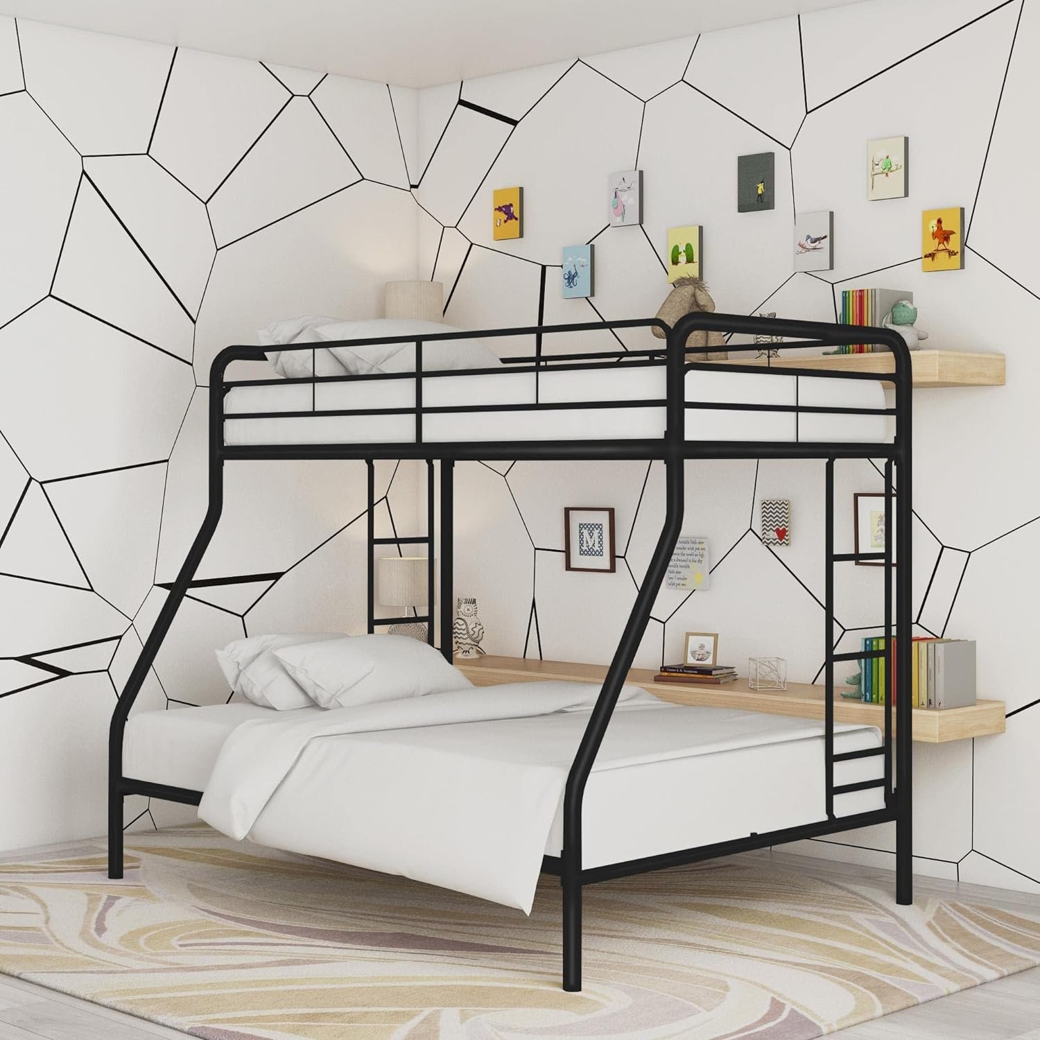 DHP Twin-Over-Full Bunk Bed with Metal Frame and Ladder, Space-Saving Design, Black frunt view