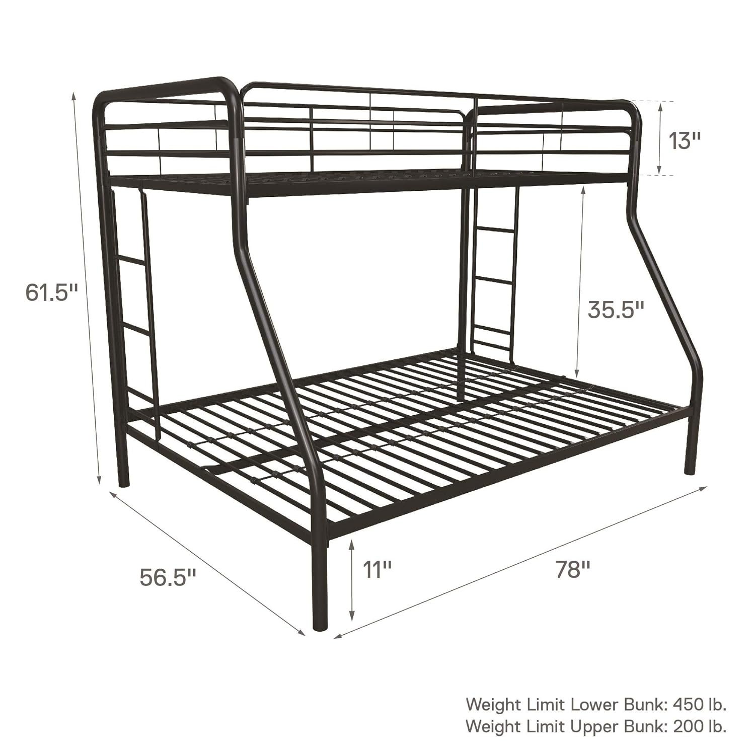 DHP Twin-Over-Full Bunk Bed with Metal Frame and Ladder, Space-Saving Design, Black  SIZE