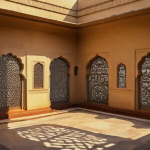 Traditional Indian courtyard featuring Jali window design for privacy and ventilation.