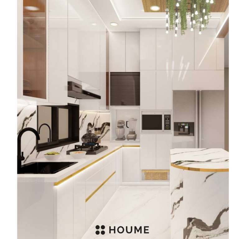 Modern kitchen with marble countertops and stainless steel appliances. Text overlay: Houme India - Kitchen Design Ideas 2