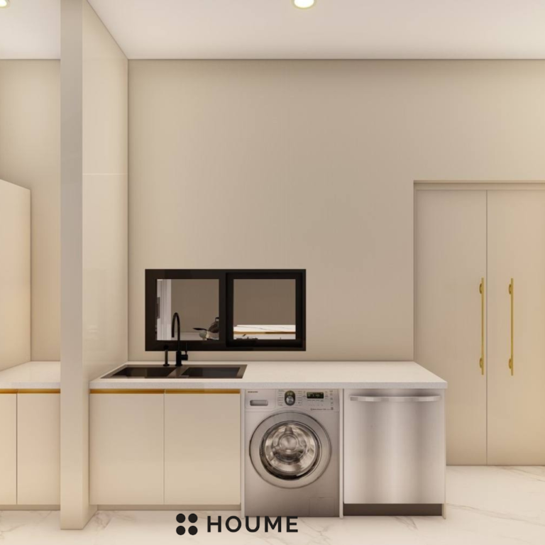 Modern kitchen with marble countertops and stainless steel appliances. Text overlay: Houme India - Kitchen Design Ideas 3