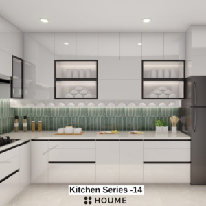 Modern kitchen with a textured brick accent wall, stainless steel appliances, open wood shelves with black metal brackets, and white quartz countertops. Text overlay: Houme India - Kitchen Design Ideas.