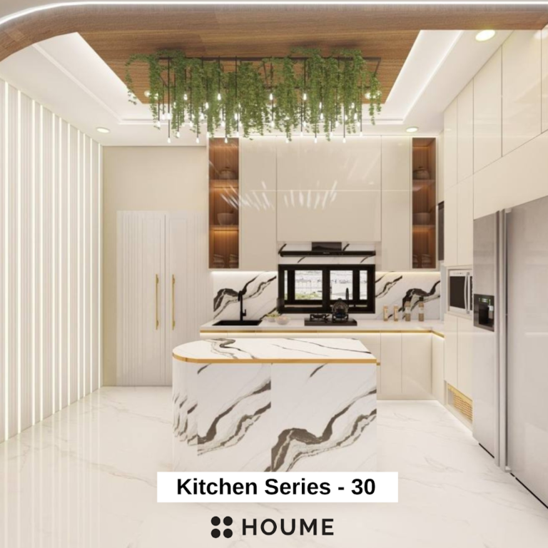 Modern kitchen with marble countertops and stainless steel appliances. Text overlay: Houme India - Kitchen Design Ideas