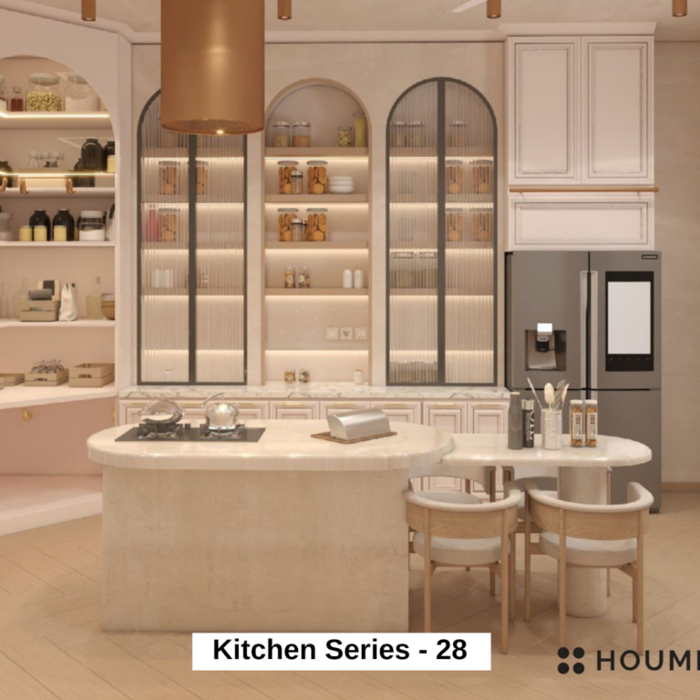 Kitchen with dining table and chairs. Text overlay: Houme India - Kitchen Design Ideas