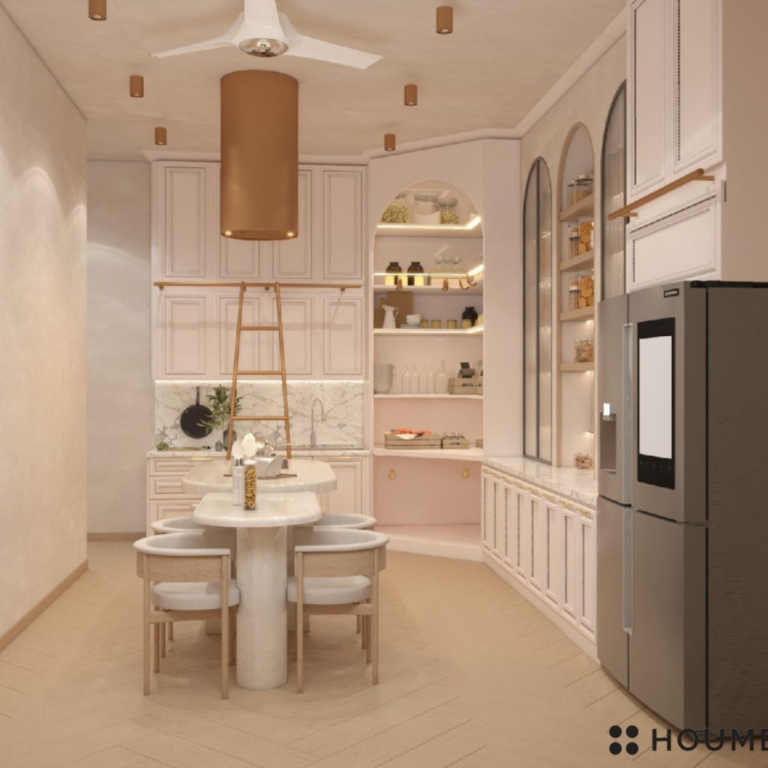 Kitchen with dining table and chairs. Text overlay: Houme India - Kitchen Design Ideas (B)