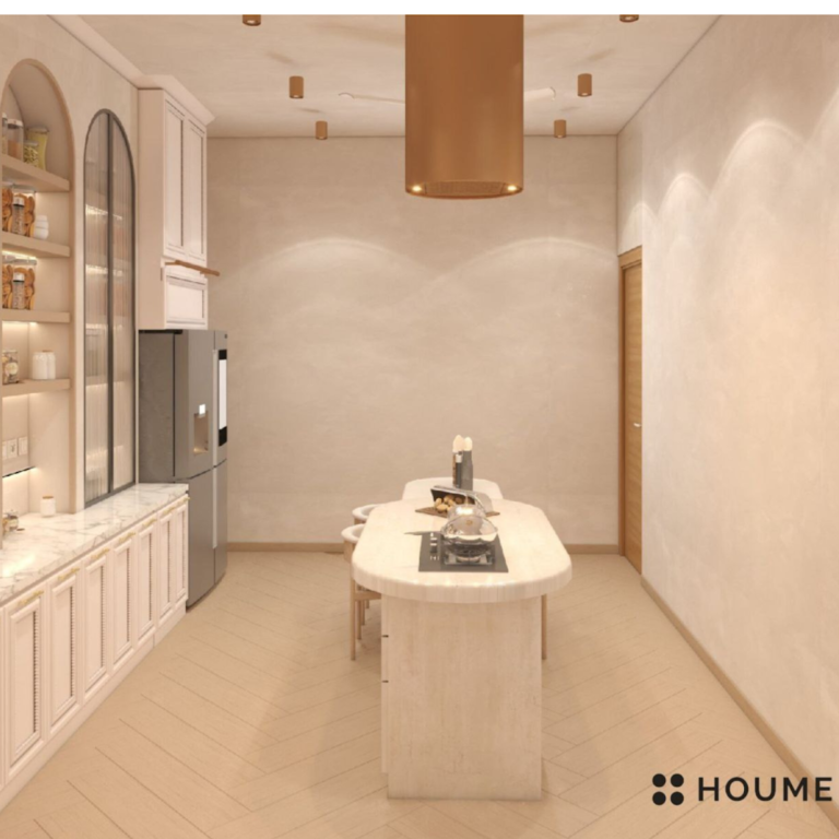 Kitchen with dining table and chairs. Text overlay: Houme India - Kitchen Design Ideas (C)