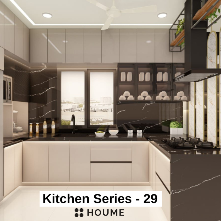 A clean and organized kitchen with a sink and window. Text overlay: Houme India - Kitchen Design Ideas