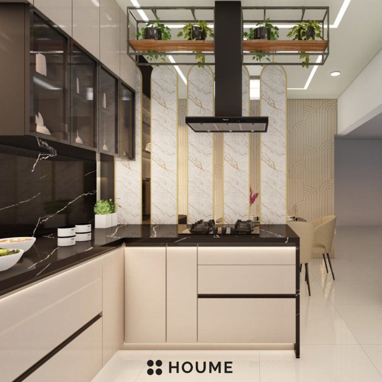 A clean and organized kitchen with a sink and window. Text overlay: Houme India - Kitchen Design Ideas B