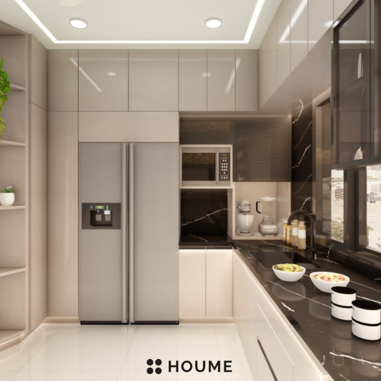A clean and organized kitchen with a sink and window. Text overlay: Houme India - Kitchen Design Ideas C