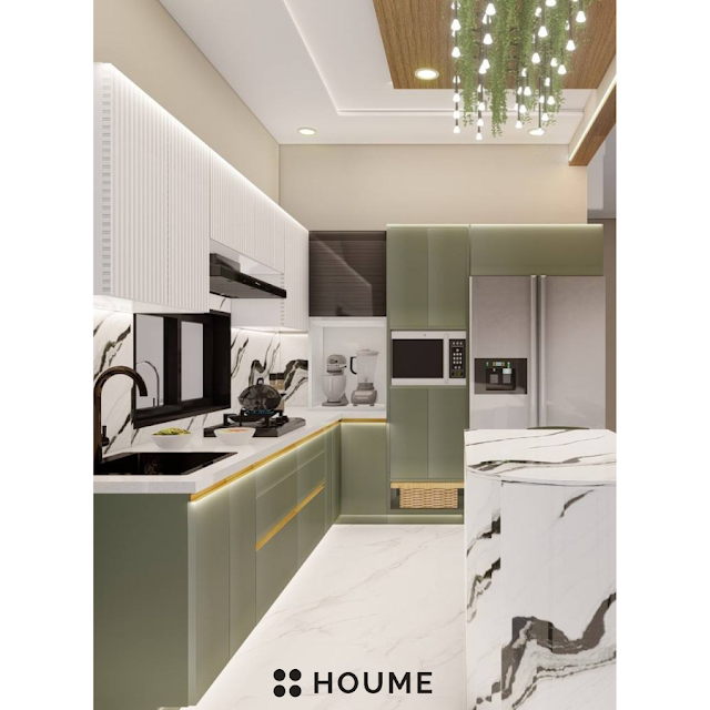 Kitchen island with breakfast bar and stools. Text overlay: Houme India - Kitchen Design Ideas. B