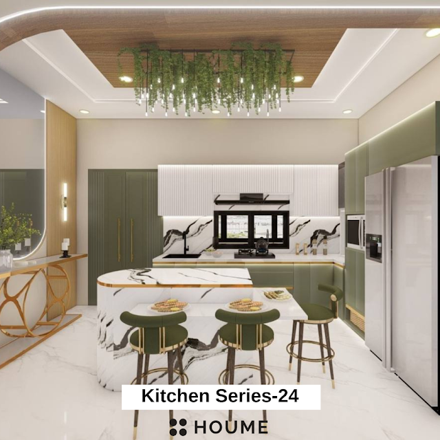 Kitchen island with breakfast bar and stools. Text overlay: Houme India - Kitchen Design Ideas.