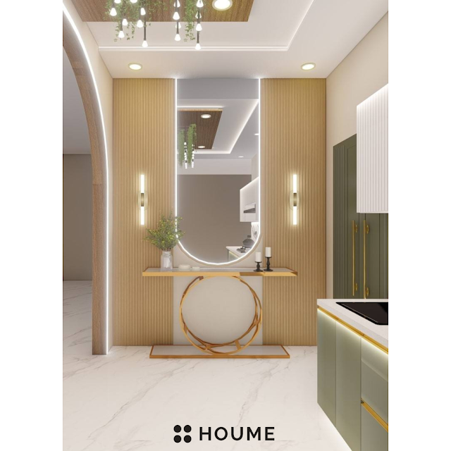 Kitchen island with breakfast bar and stools. Text overlay: Houme India - Kitchen Design Ideas. C