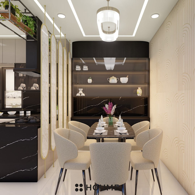 Modern kitchen with stainless steel appliances, light wood cabinets, and a ceiling fan. Text overlay: Houme India - Kitchen Design Ideas. - B