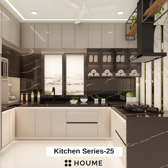 Modern kitchen with stainless steel appliances, light wood cabinets, and a ceiling fan. Text overlay: Houme India - Kitchen Design Ideas.