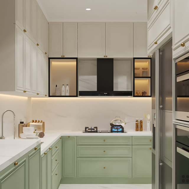 Kitchen with ample storage cabinets and a sink with a window above. Text overlay: Houme India - Kitchen Design Ideas - C