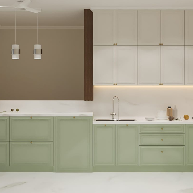 Kitchen with ample storage cabinets and a sink with a window above. Text overlay: Houme India - Kitchen Design Ideas B