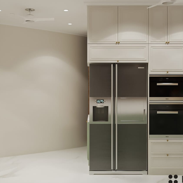 Kitchen with ample storage cabinets and a sink with a window above. Text overlay: Houme India - Kitchen Design Ideas - D