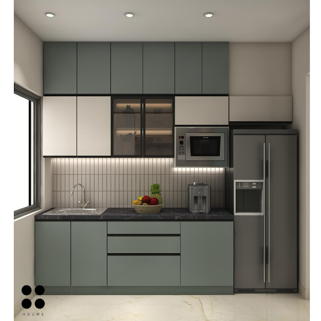 Modern kitchen with stainless steel stove and cabinets. Text overlay: Houme India - Kitchen Design Ideas B