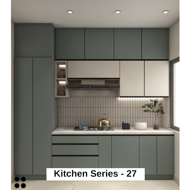 Modern kitchen with stainless steel stove and cabinets. Text overlay: Houme India - Kitchen Design Ideas