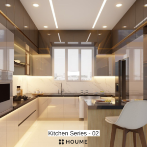 Modern kitchen with a large waterfall island breakfast bar in white quartz, stainless steel appliances, white cabinets with black pulls, and a window with a black frame overlooking a green backyard. Text overlay: Houme India - Kitchen Design Ideas.