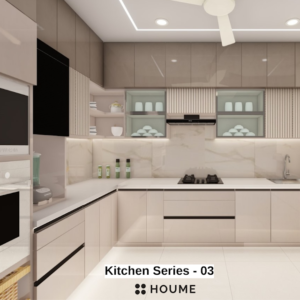 Modern kitchen with a black stainless steel stovetop, oven, and vent hood, light wood cabinets, and white quartz countertops. A ceiling fan with woven blades hangs from the vaulted ceiling with exposed wooden beams. Text overlay: Houme India - Kitchen Design Ideas.