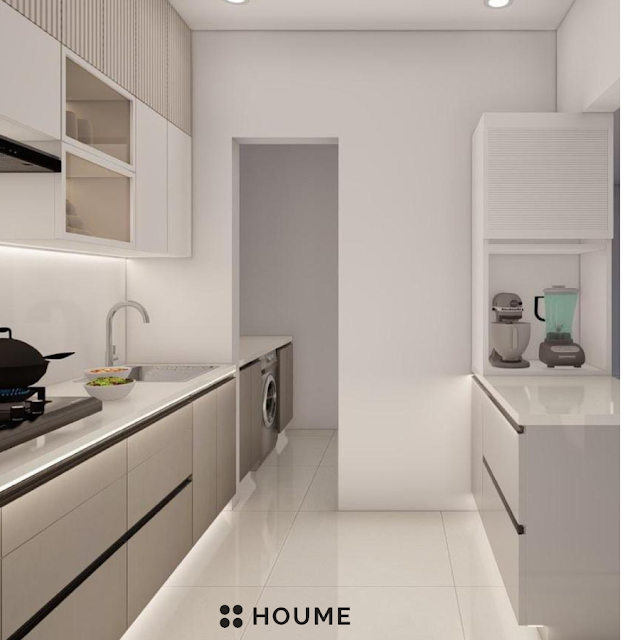 Modern kitchen with white shaker cabinets, black granite countertops, and gold cabinet pulls and knobs. Text overlay: Houme India - Kitchen Design Ideas. B